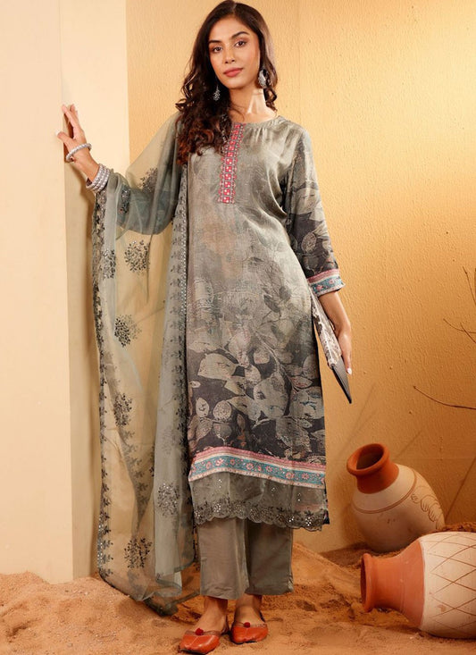 Salwar Suit Embroidered Grey Art Silk T5115