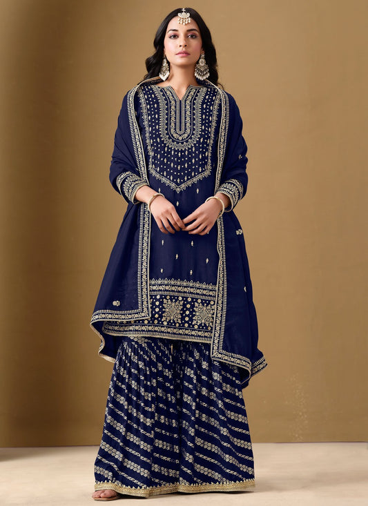 Embroidered Art Silk Navy Blue Salwar Suit T6134
