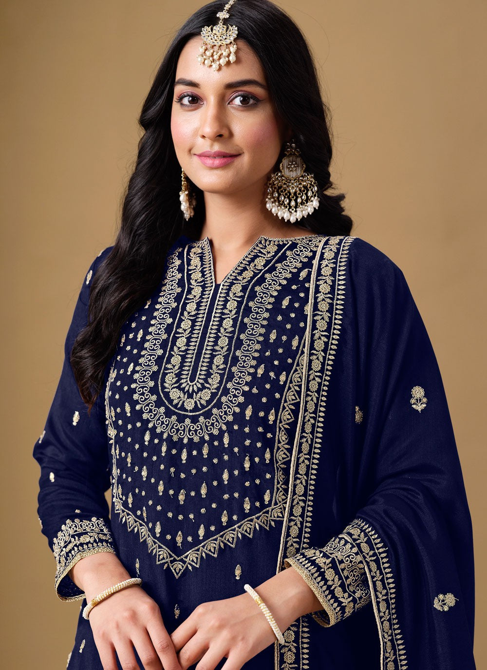 Embroidered Art Silk Navy Blue Salwar Suit T6134