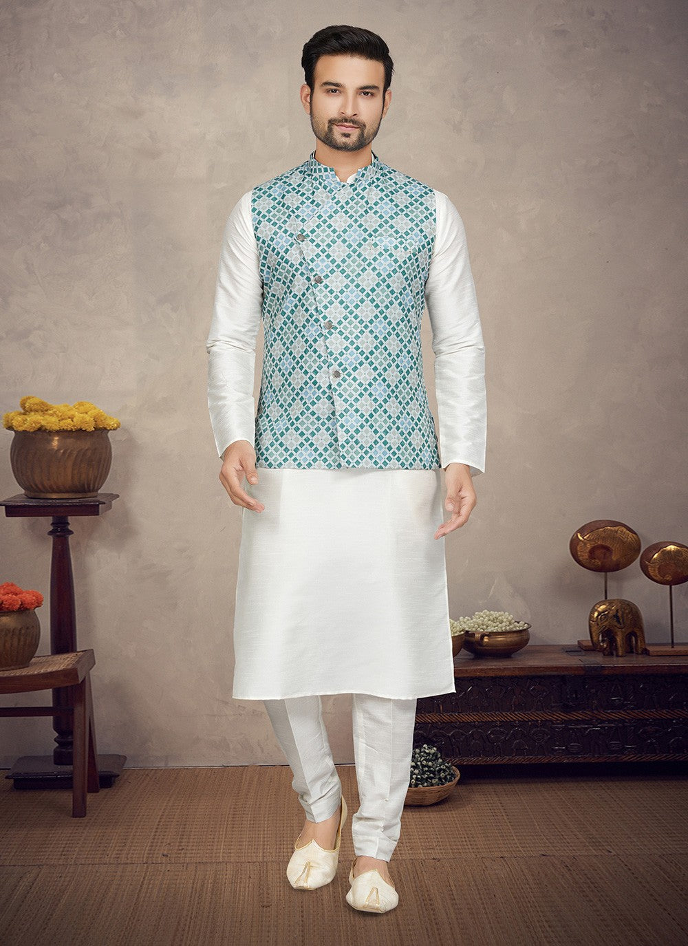 Digital Print Art Silk Multi Colour, Off White Kurta Payjama With Jacket - M5849