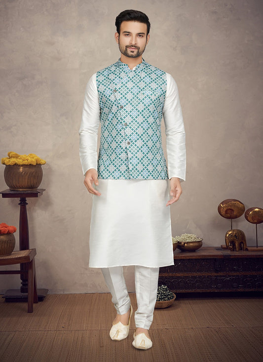 Digital Print Art Silk Multi Colour, Off White Kurta Payjama With Jacket - M5849