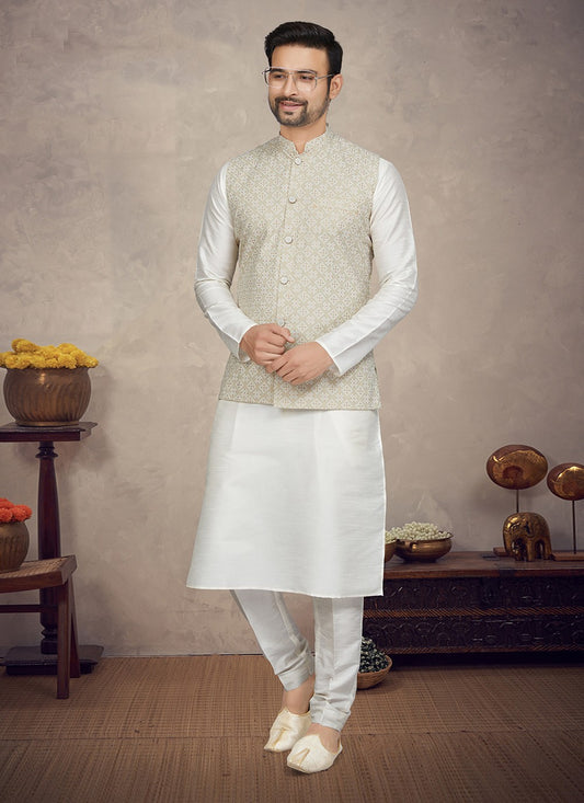 Digital Print Art Silk Off White, Sea Green Kurta Payjama With Jacket - M5851