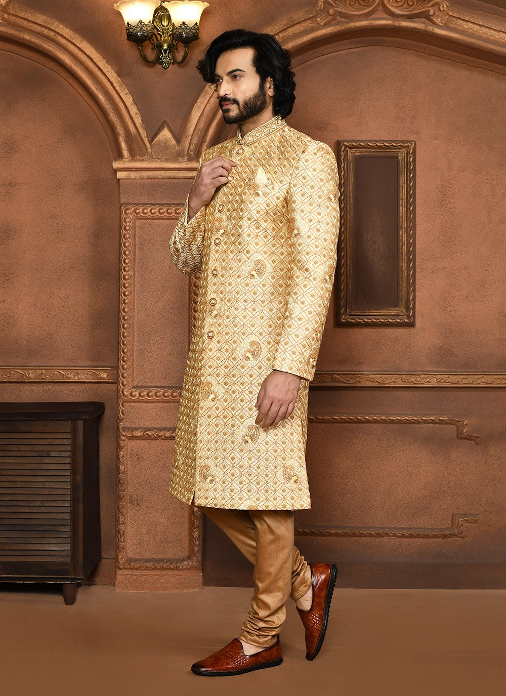 Embroidered Art Silk Beige Sherwani - M8046