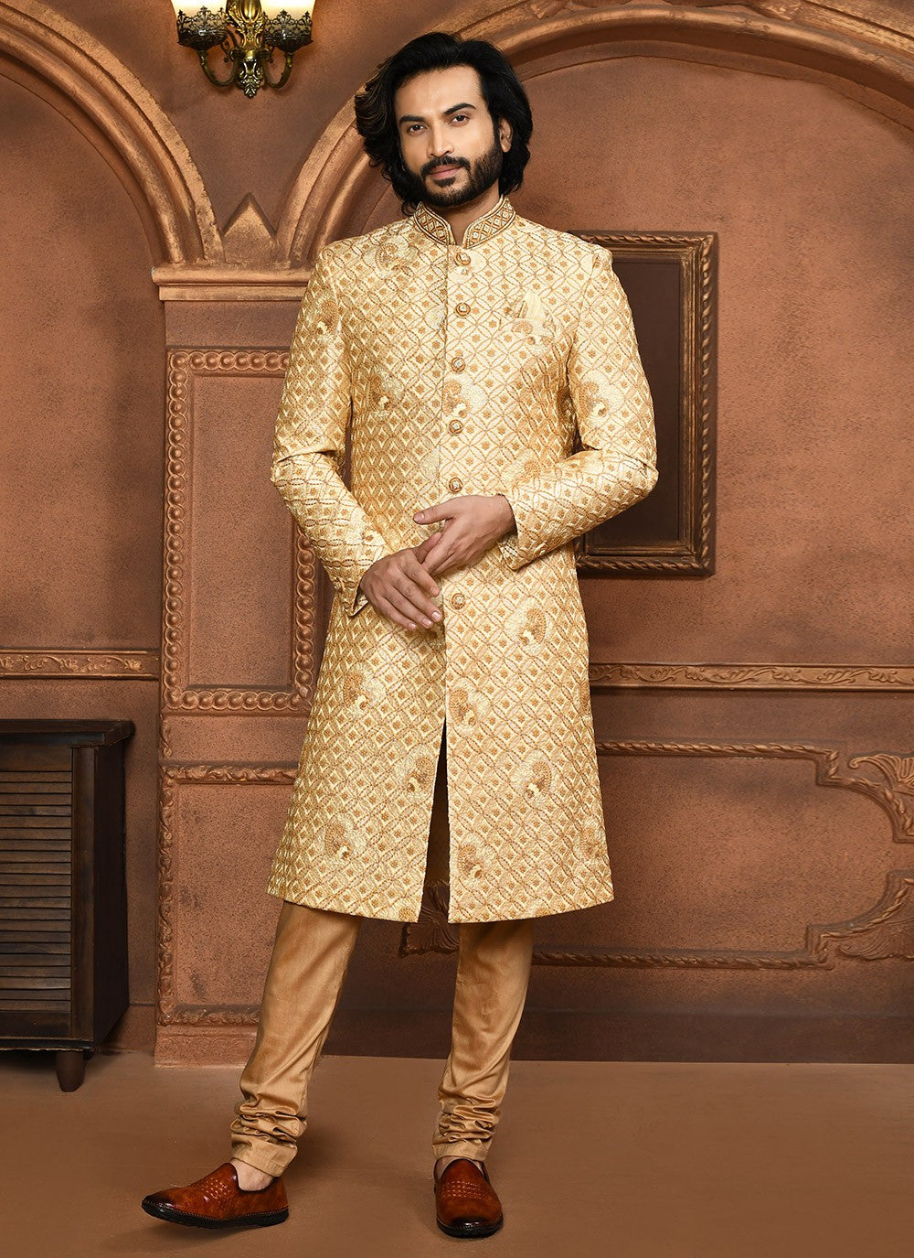 Embroidered Art Silk Beige Sherwani - M8046
