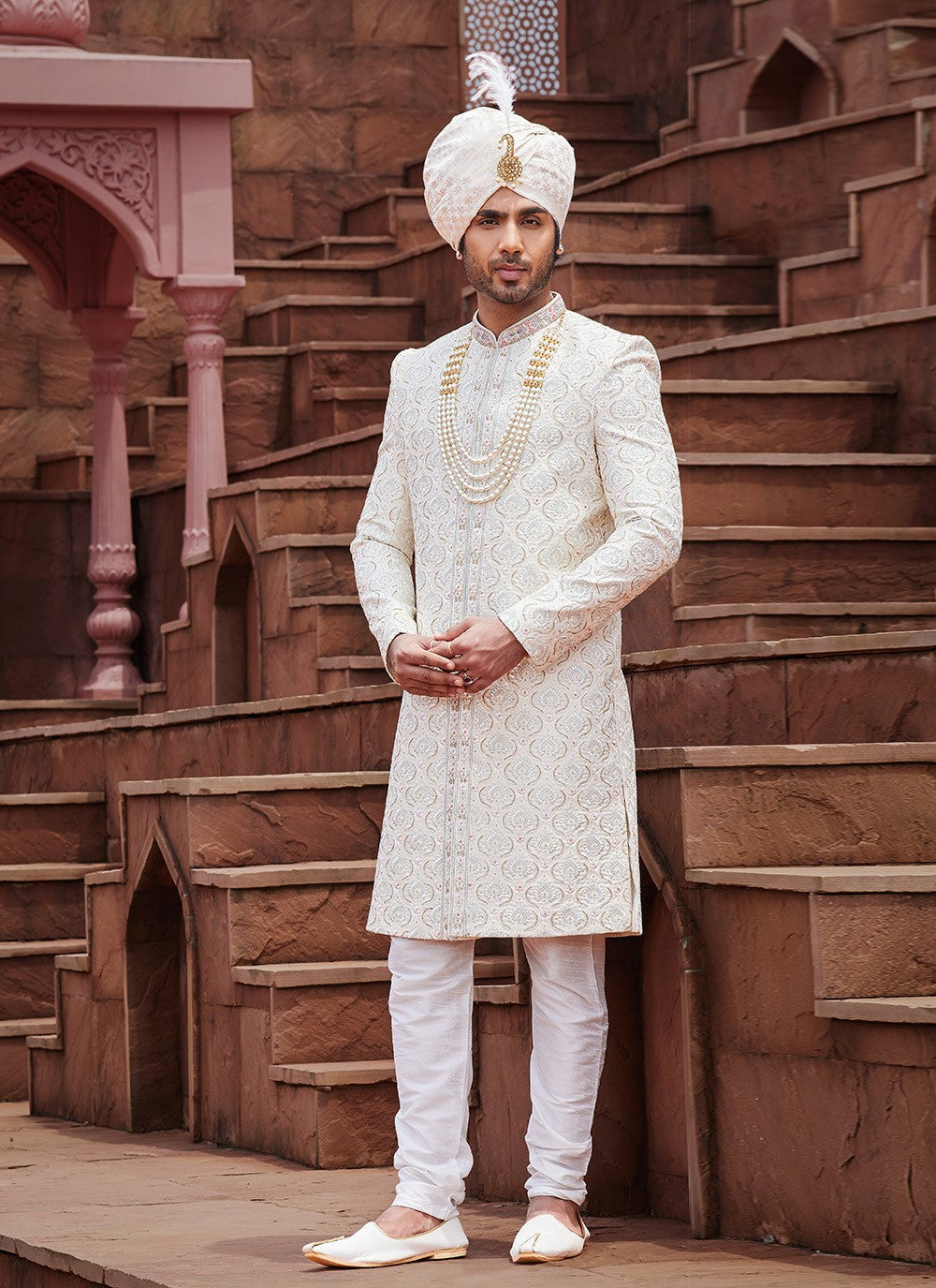 Embroidered Art Silk Cream Sherwani - M6511