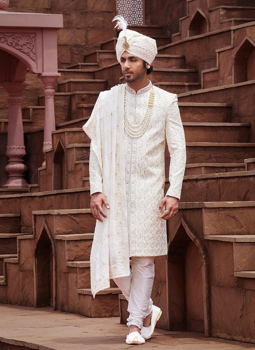 Embroidered Art Silk Cream Sherwani - M6511