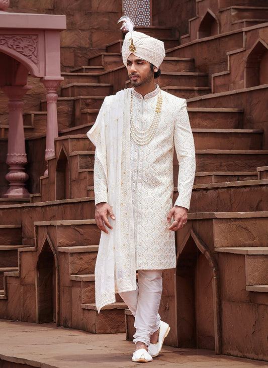 Embroidered Art Silk Cream Sherwani - M6511