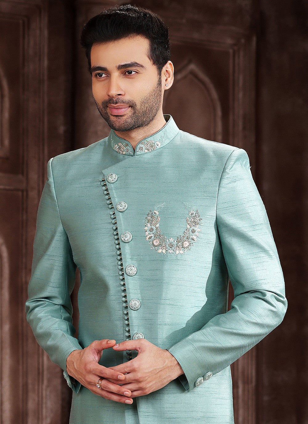 Embroidered Art Silk Sea Green Indo Western Sherwani - M5374