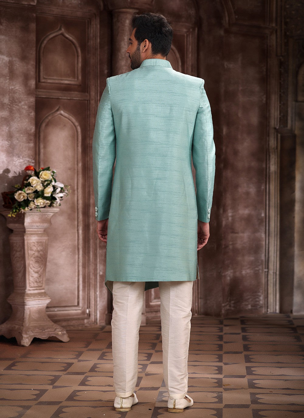 Embroidered Art Silk Sea Green Indo Western Sherwani - M5374