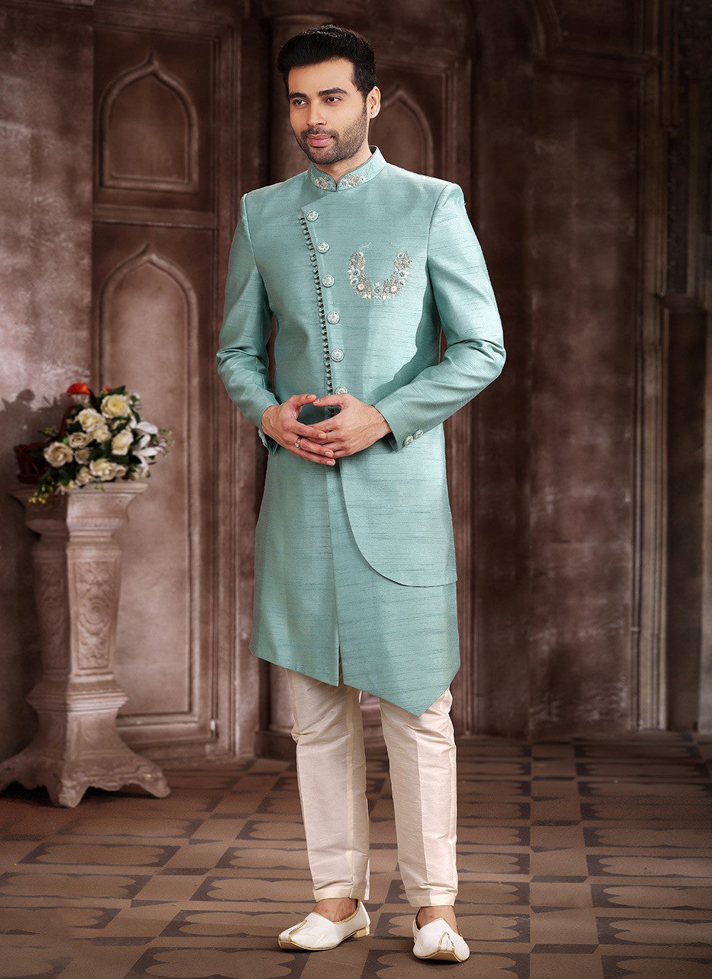 Embroidered Art Silk Sea Green Indo Western Sherwani - M5374