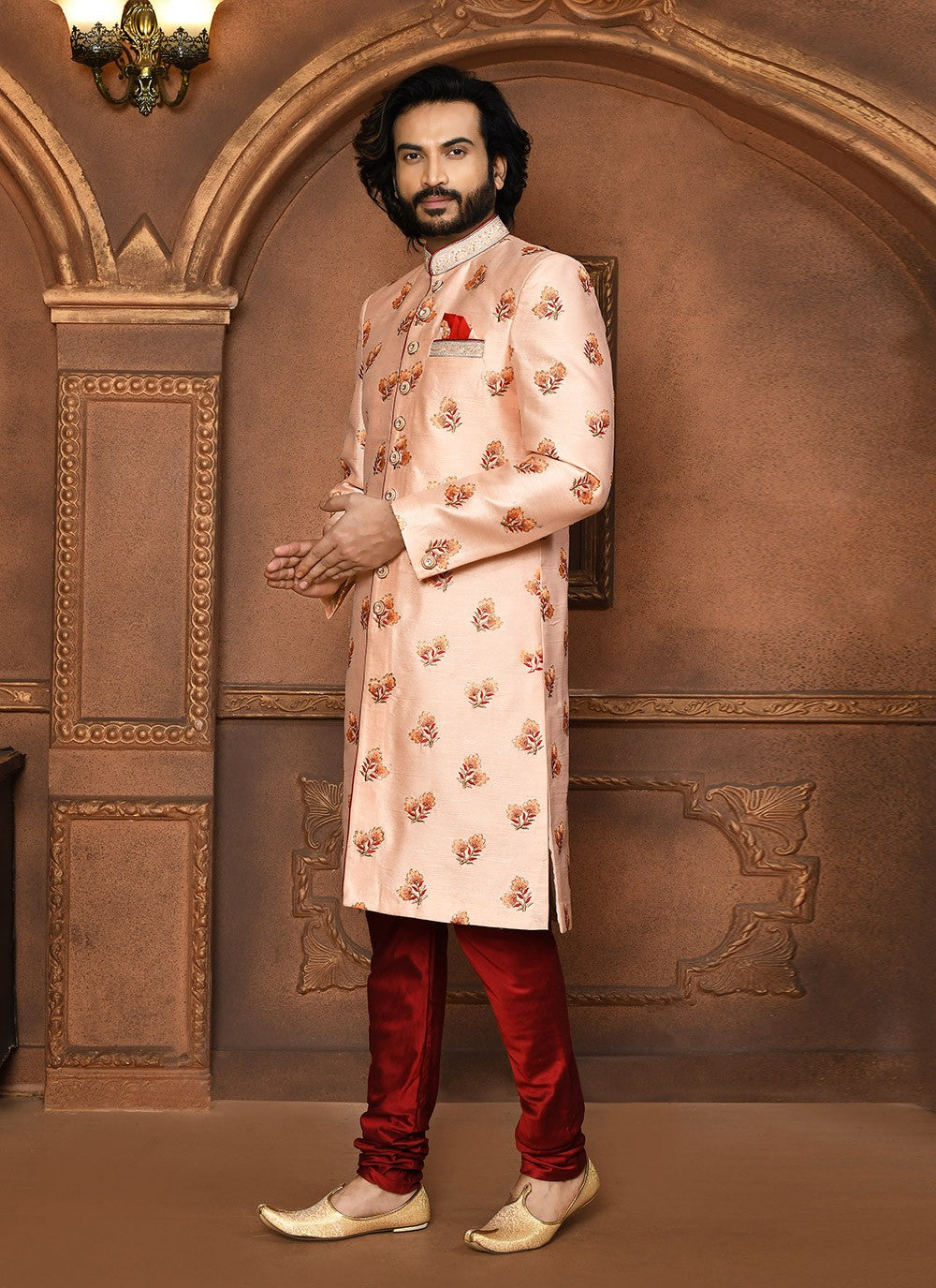 Embroidered Art Silk Peach Sherwani - M8060