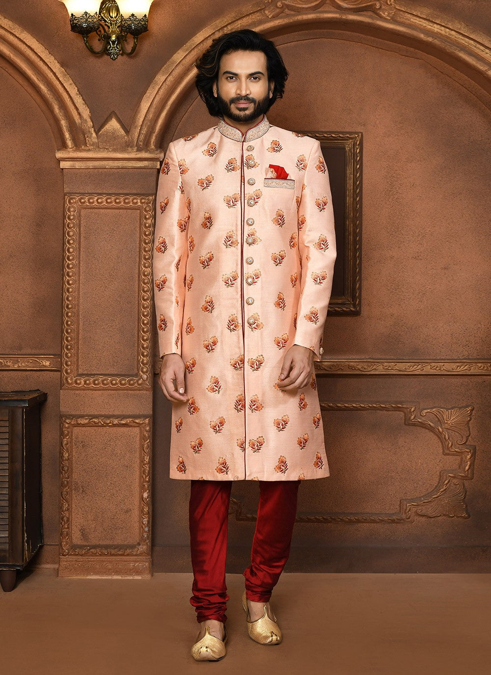 Embroidered Art Silk Peach Sherwani - M8060