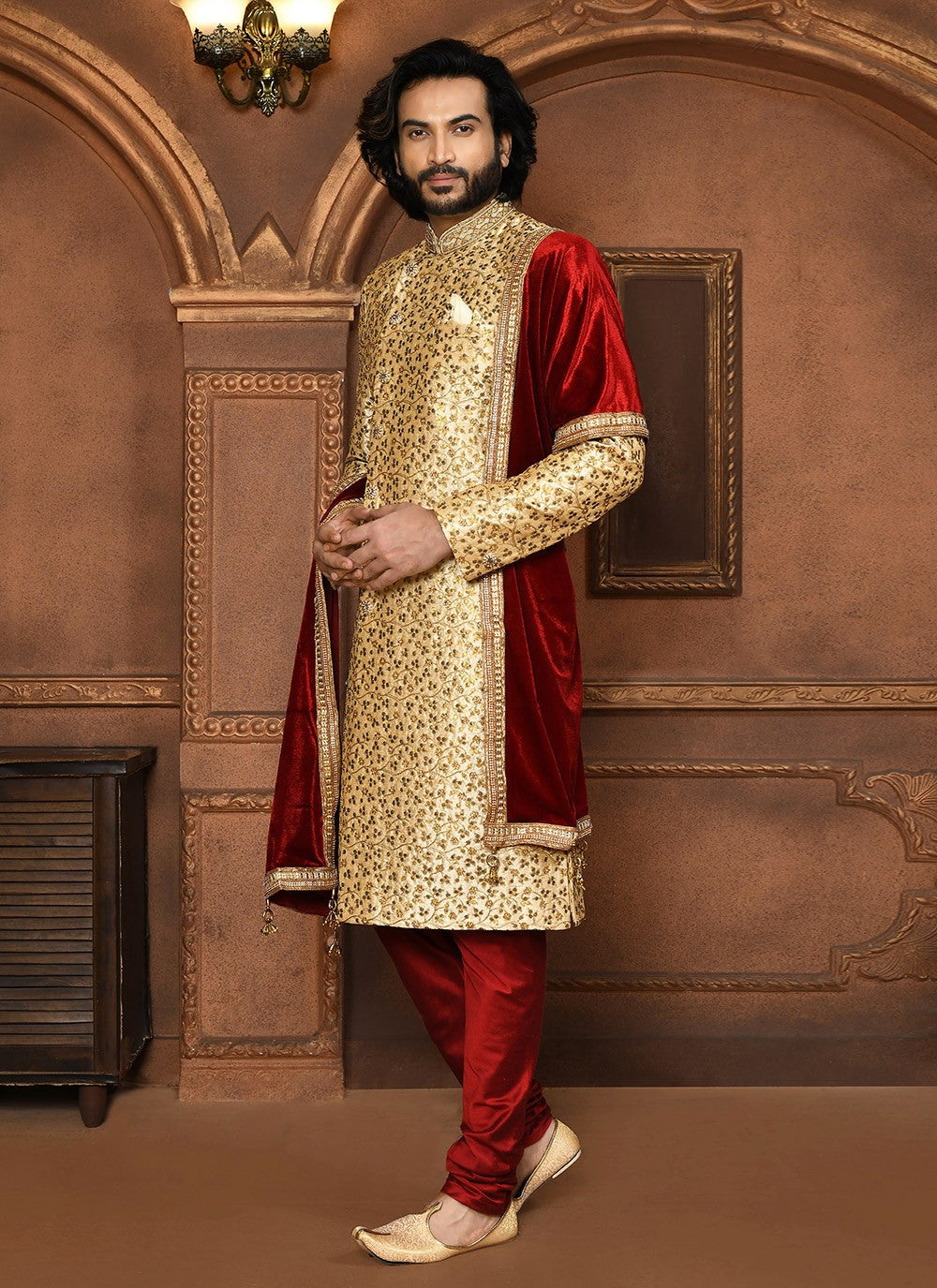 Embroidered Art Silk Beige Sherwani - M8061