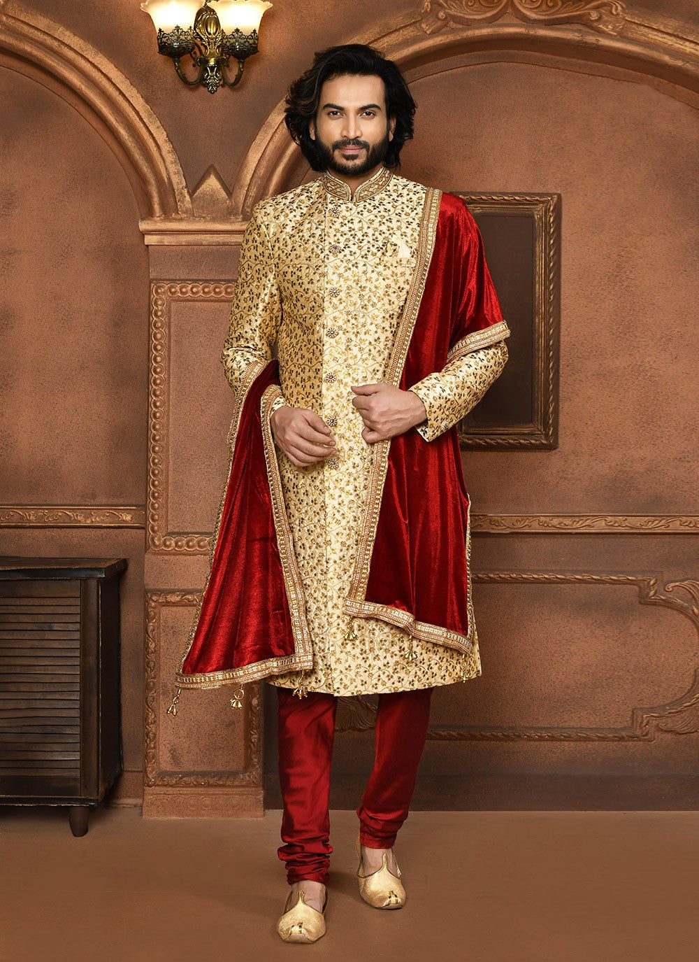 Embroidered Art Silk Beige Sherwani - M8061