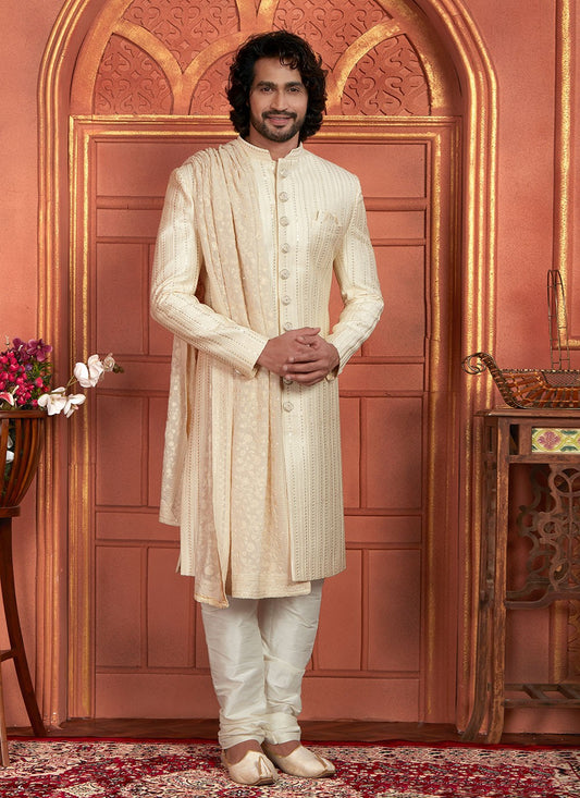 Embroidered Art Silk Cream Sherwani - M8264