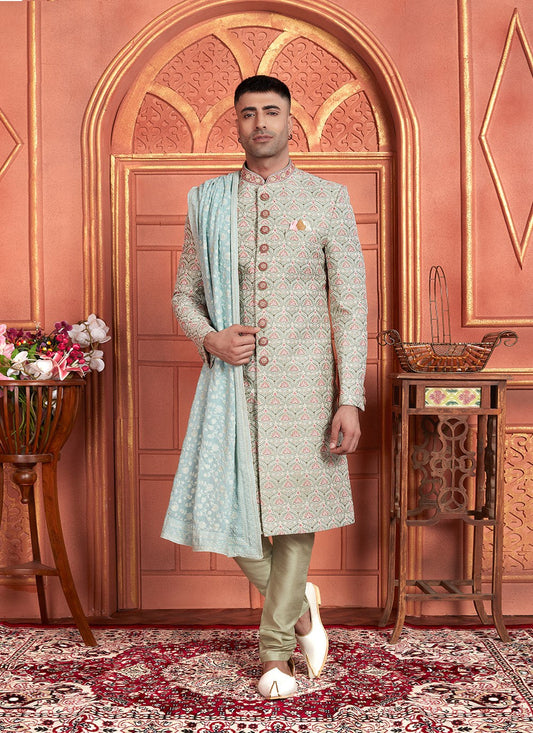 Embroidered Art Silk Green Sherwani - M8262