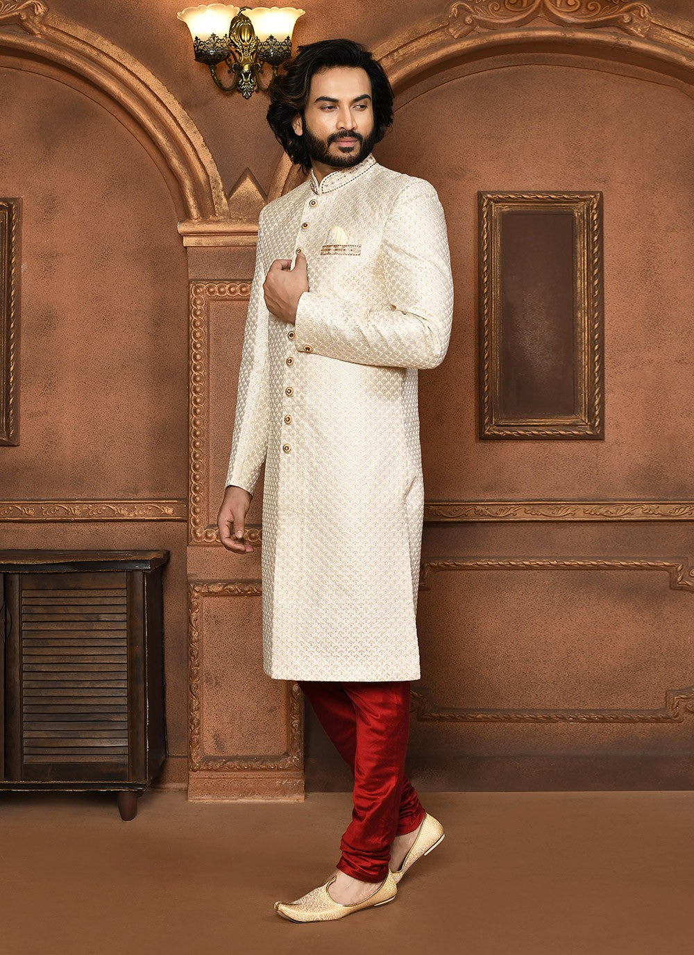 Embroidered Art Silk Off White Sherwani - M8059