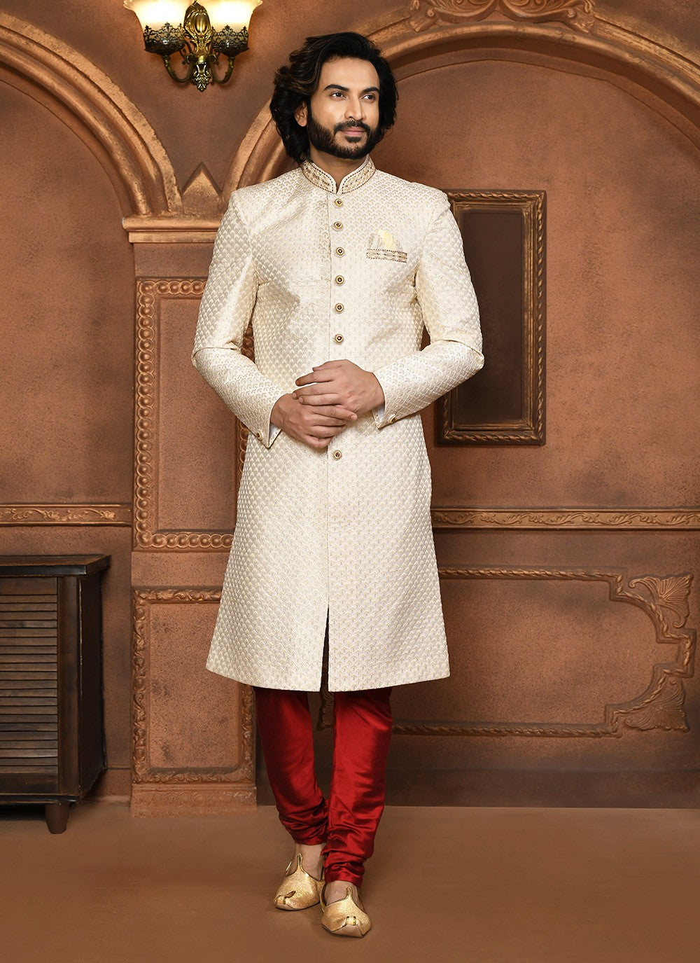 Embroidered Art Silk Off White Sherwani - M8059