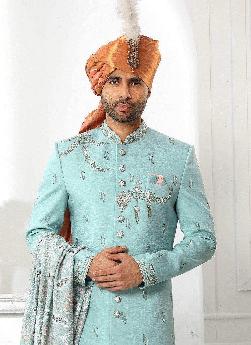 Embroidered Art Silk Teal Sherwani - M4127