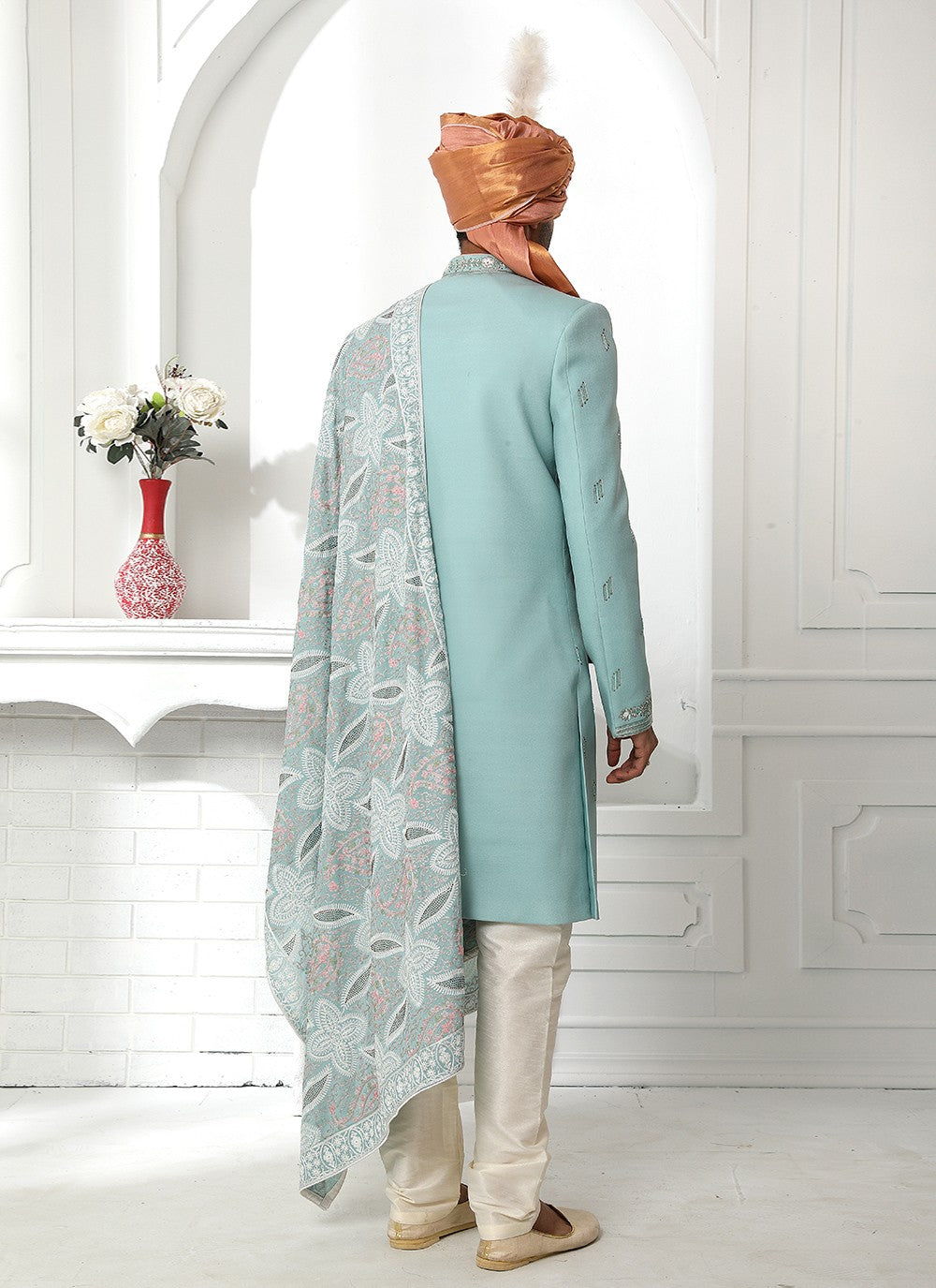 Embroidered Art Silk Teal Sherwani - M4127