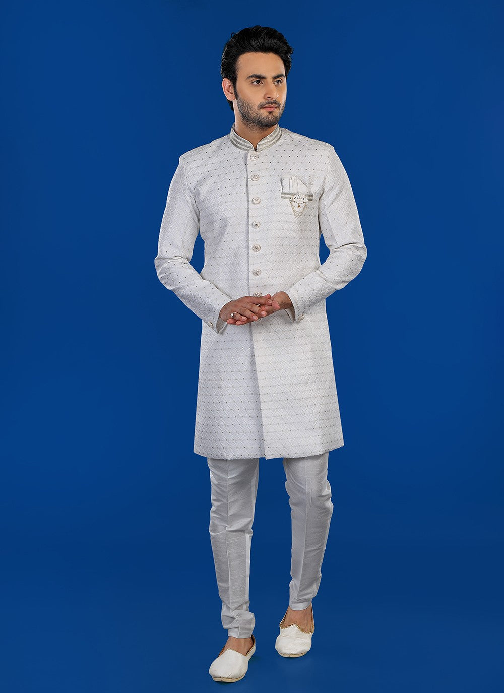 Embroidered Art Silk White Sherwani - M8816