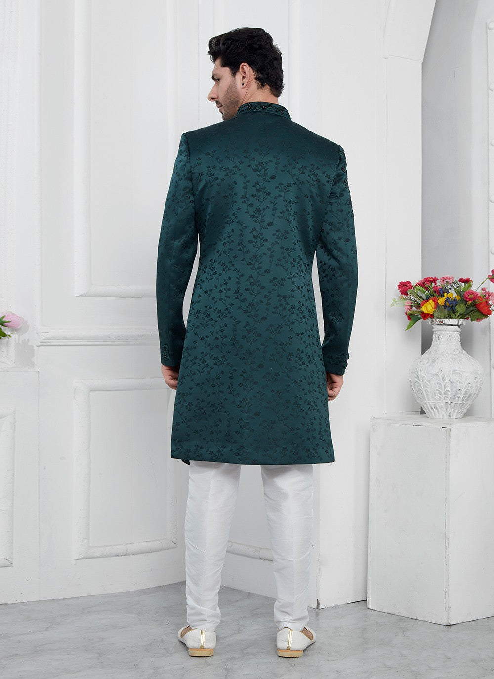 Embroidered Art Silk Teal Sherwani - M7463