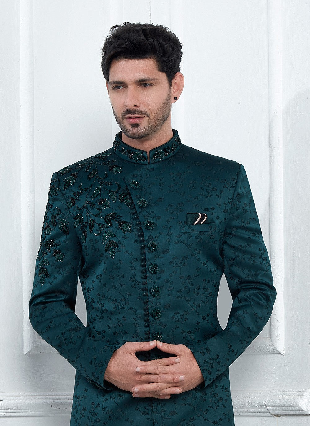 Embroidered Art Silk Teal Sherwani - M7463