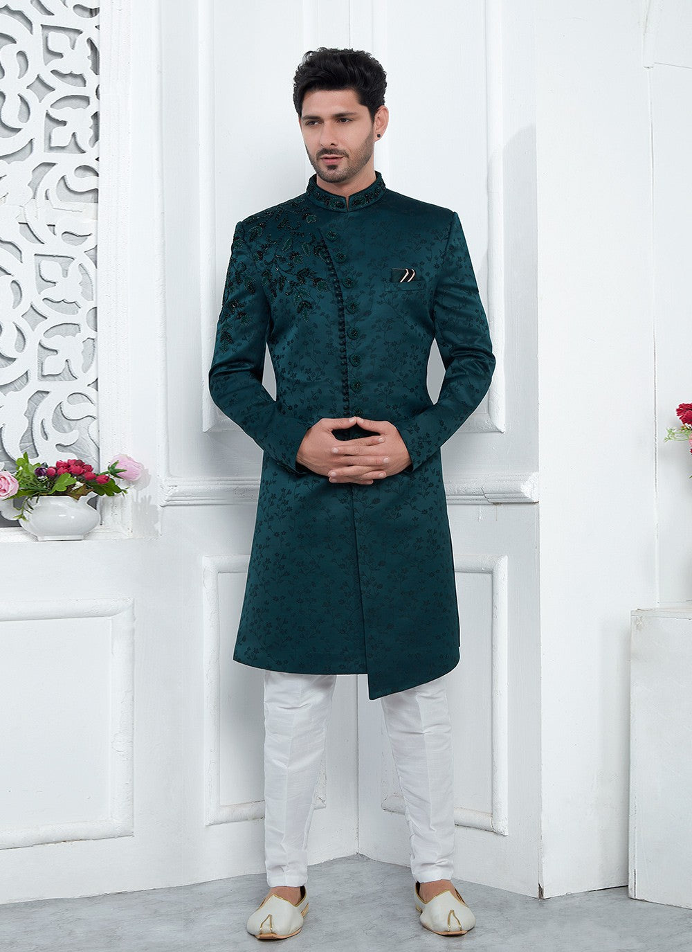 Embroidered Art Silk Teal Sherwani - M7463
