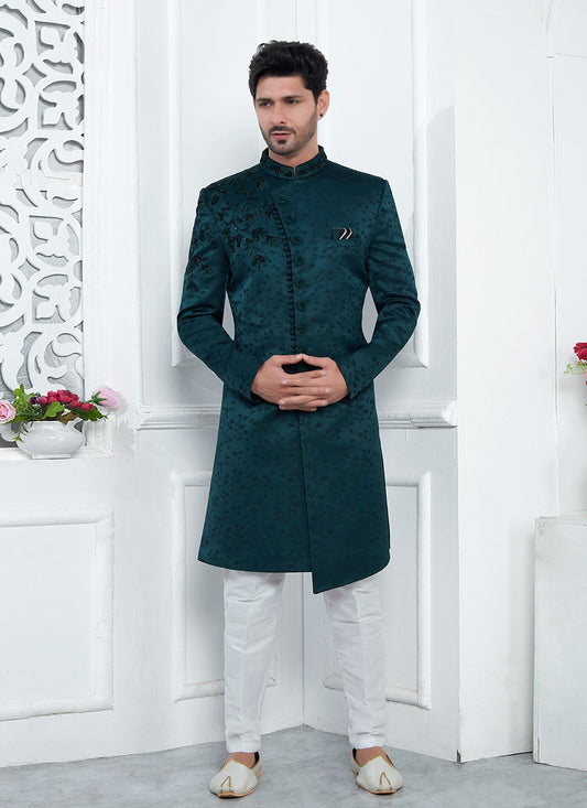 Embroidered Art Silk Teal Sherwani - M7463