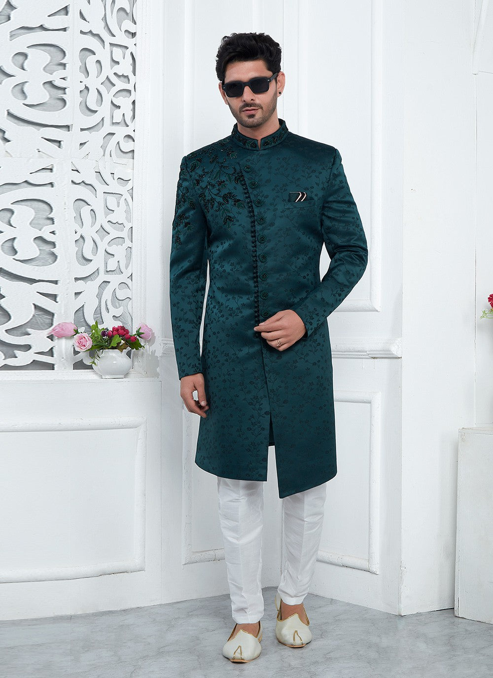 Embroidered Art Silk Teal Sherwani - M7463
