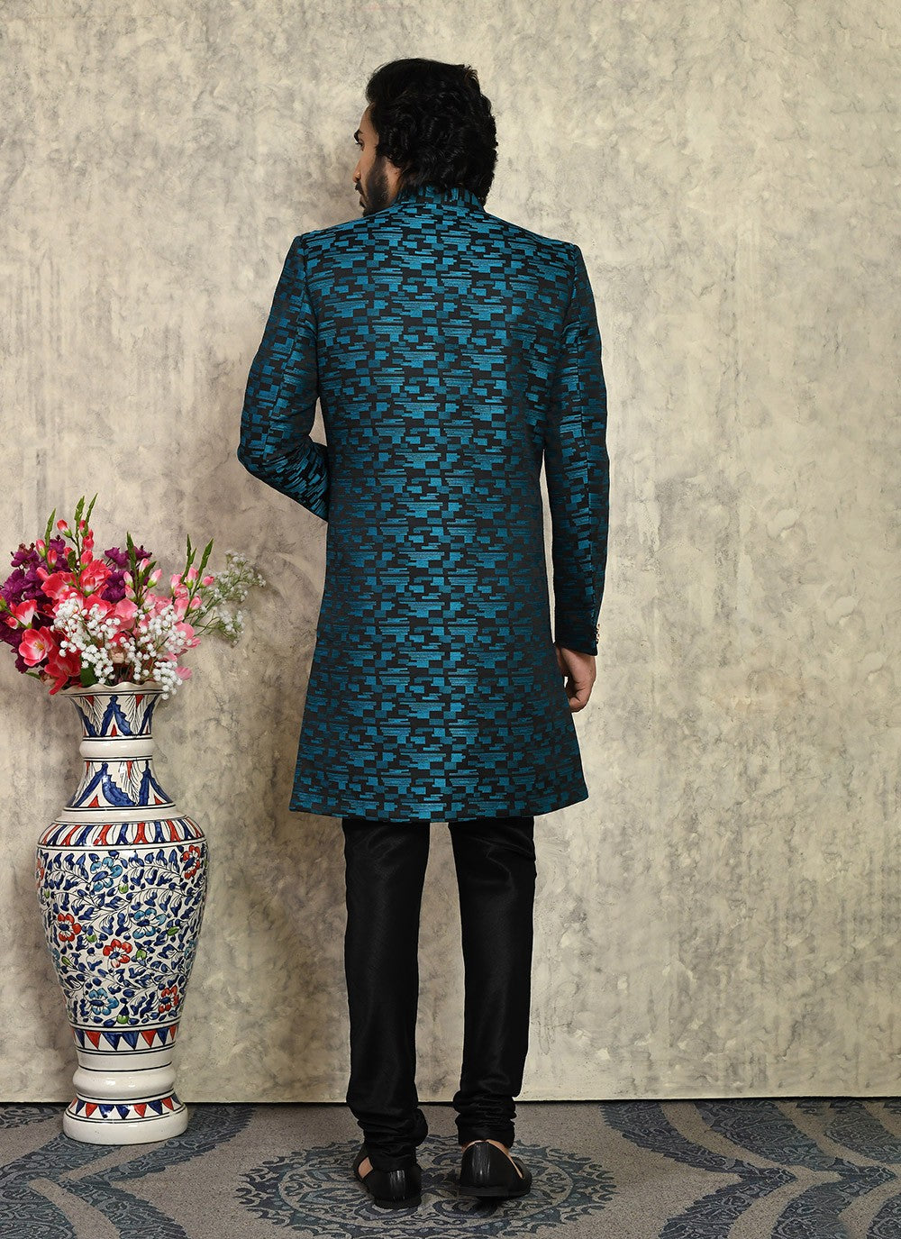 Buttons Art Silk Teal Indo Western - M8021