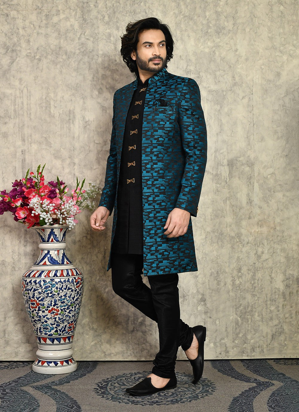 Buttons Art Silk Teal Indo Western - M8021