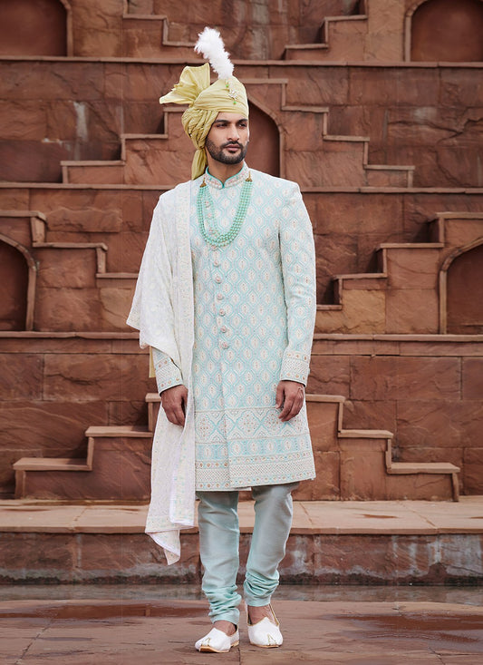Embroidered Art Silk Firozi Sherwani - M6508