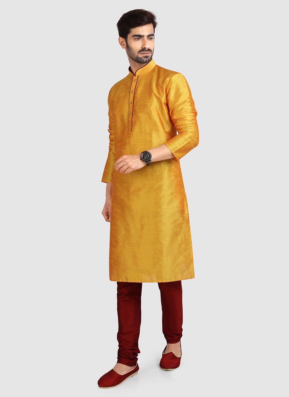 Plain Art Silk Gold Kurta Pyjama - M3421