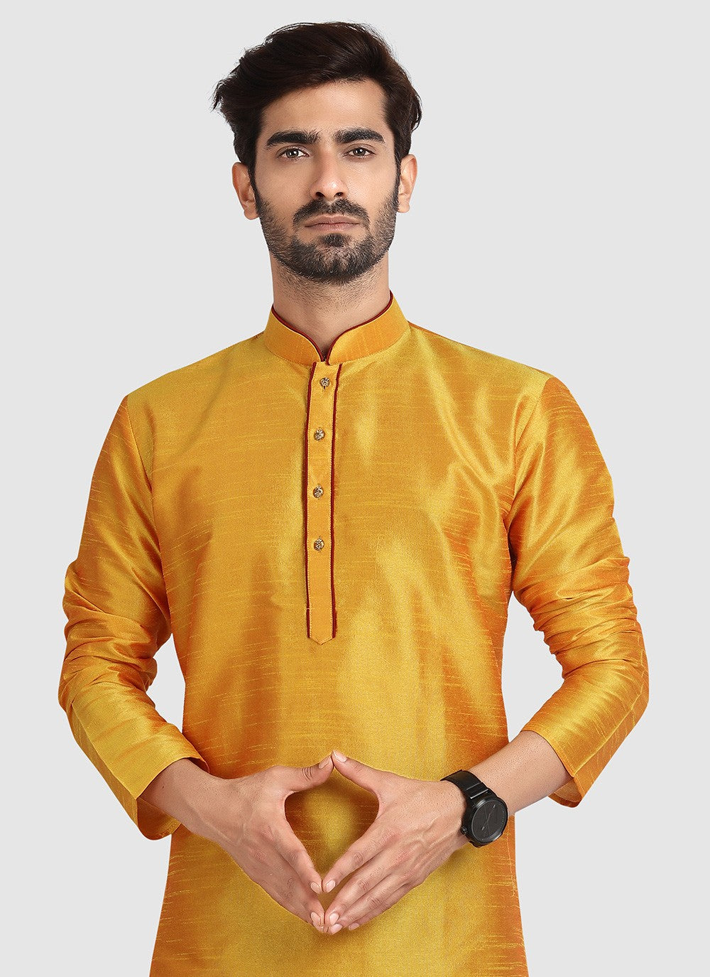 Plain Art Silk Gold Kurta Pyjama - M3421