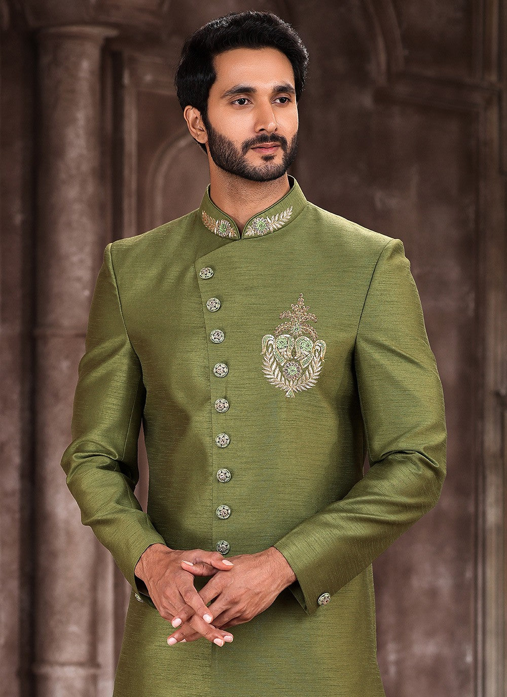 Embroidered Art Silk Green Indo Western Sherwani - M5380