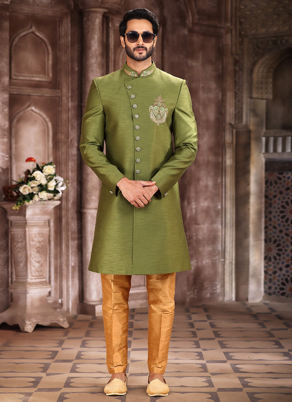 Embroidered Art Silk Green Indo Western Sherwani - M5380