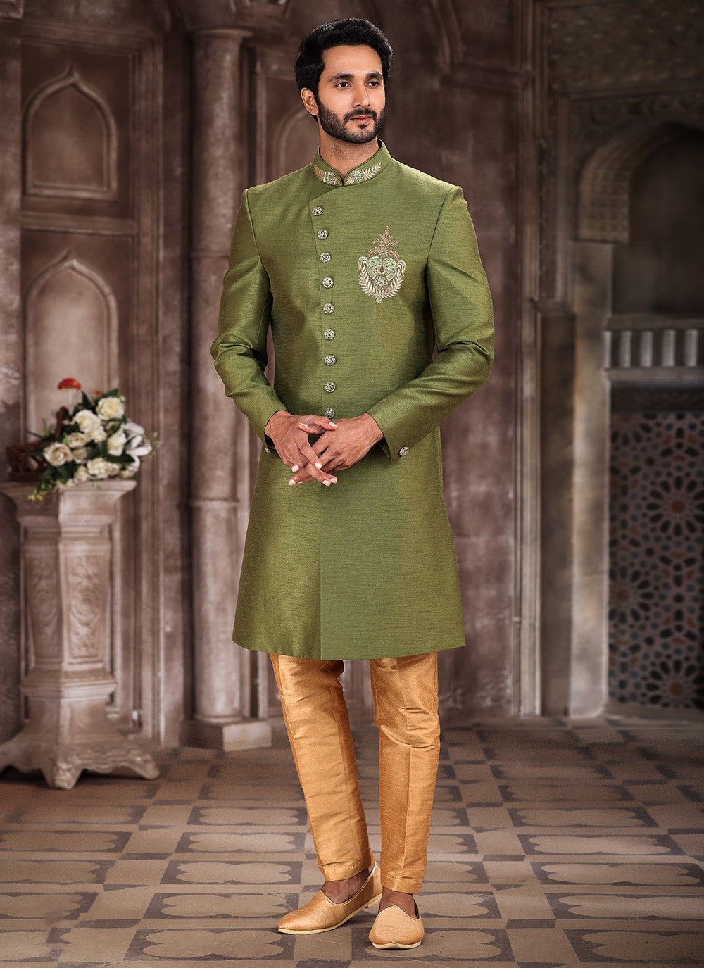 Embroidered Art Silk Green Indo Western Sherwani - M5380