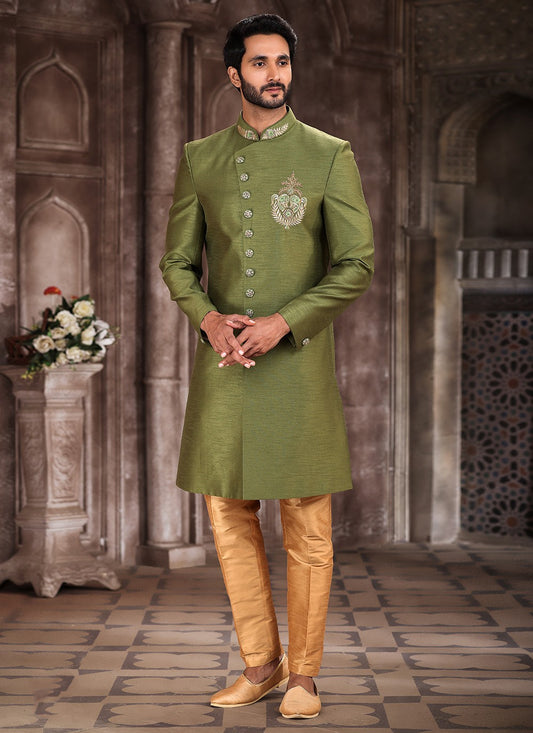 Embroidered Art Silk Green Indo Western Sherwani - M5380