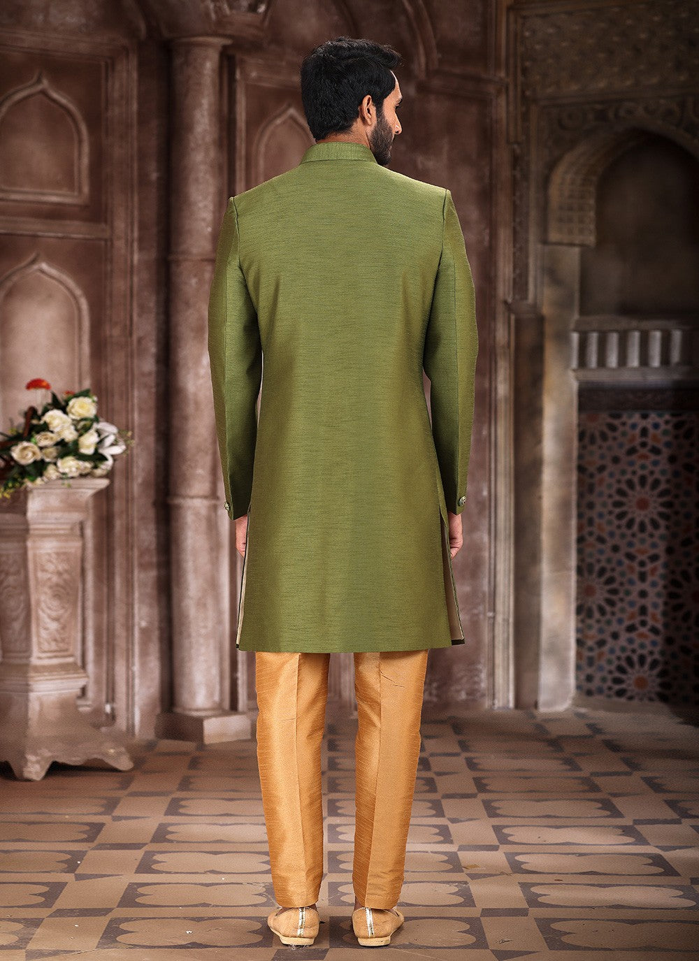 Embroidered Art Silk Green Indo Western Sherwani - M5380