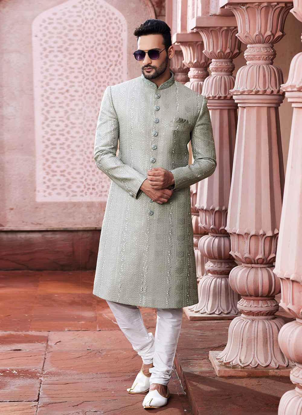 Hand Embroidery Art Silk Grey Sherwani - M6139