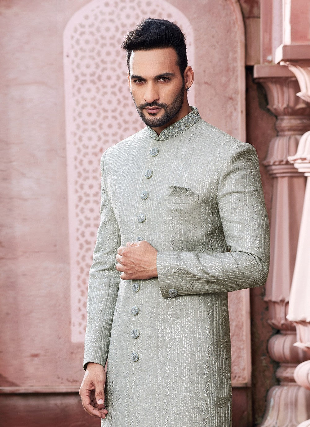 Hand Embroidery Art Silk Grey Sherwani - M6139