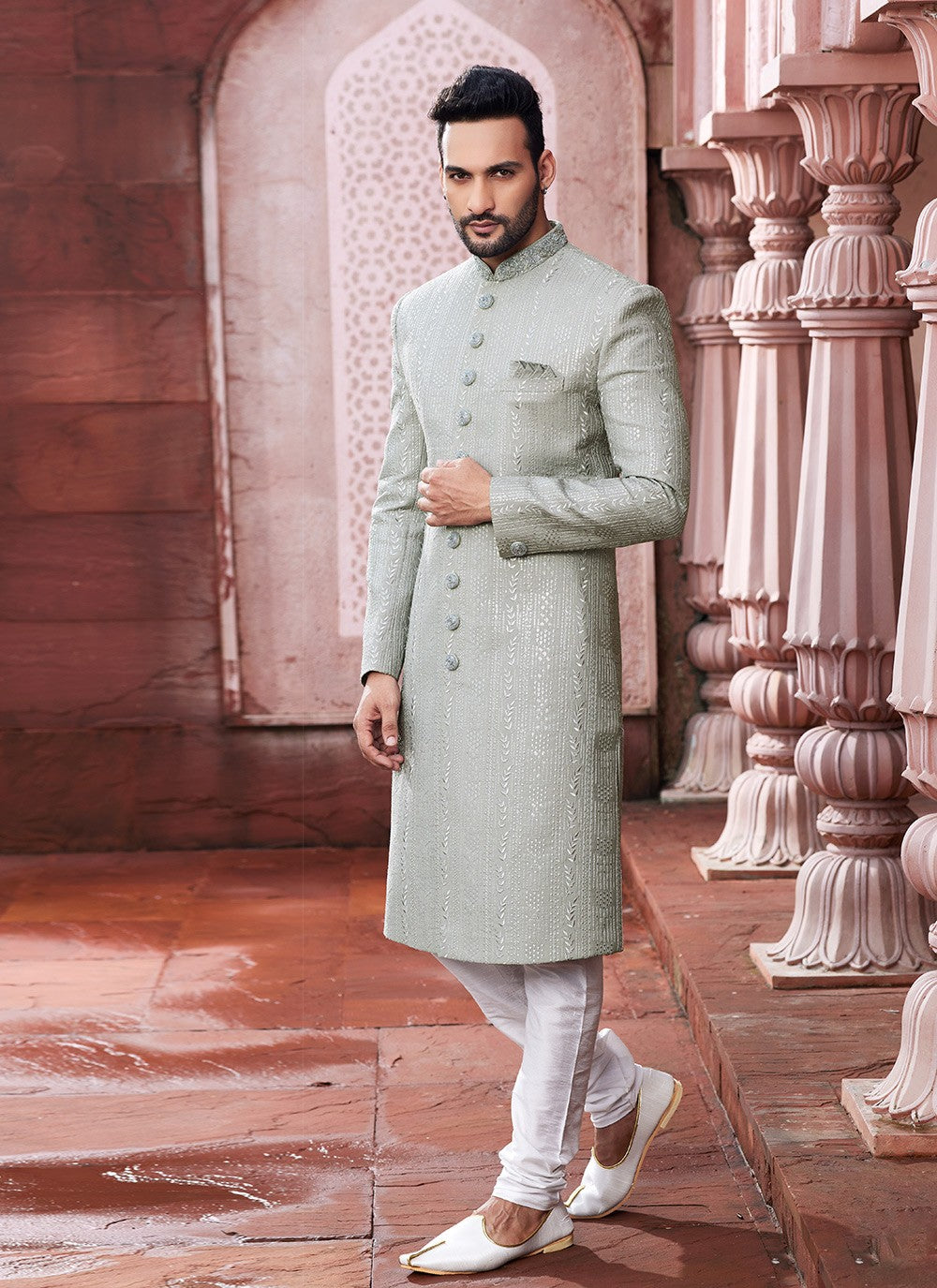 Hand Embroidery Art Silk Grey Sherwani - M6139