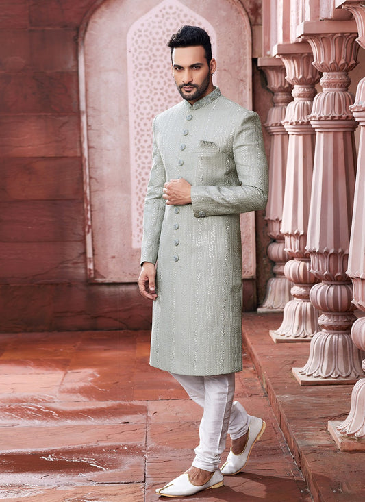 Hand Embroidery Art Silk Grey Sherwani - M6139