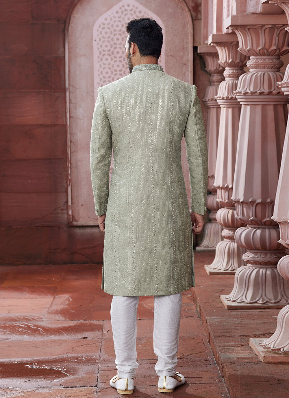 Hand Embroidery Art Silk Grey Sherwani - M6139