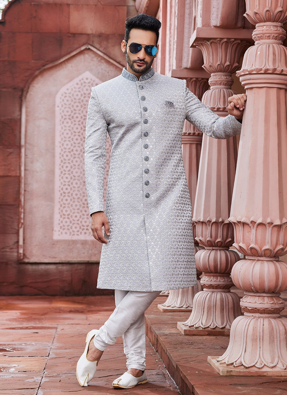 Hand Embroidery Art Silk Grey Sherwani - M6142