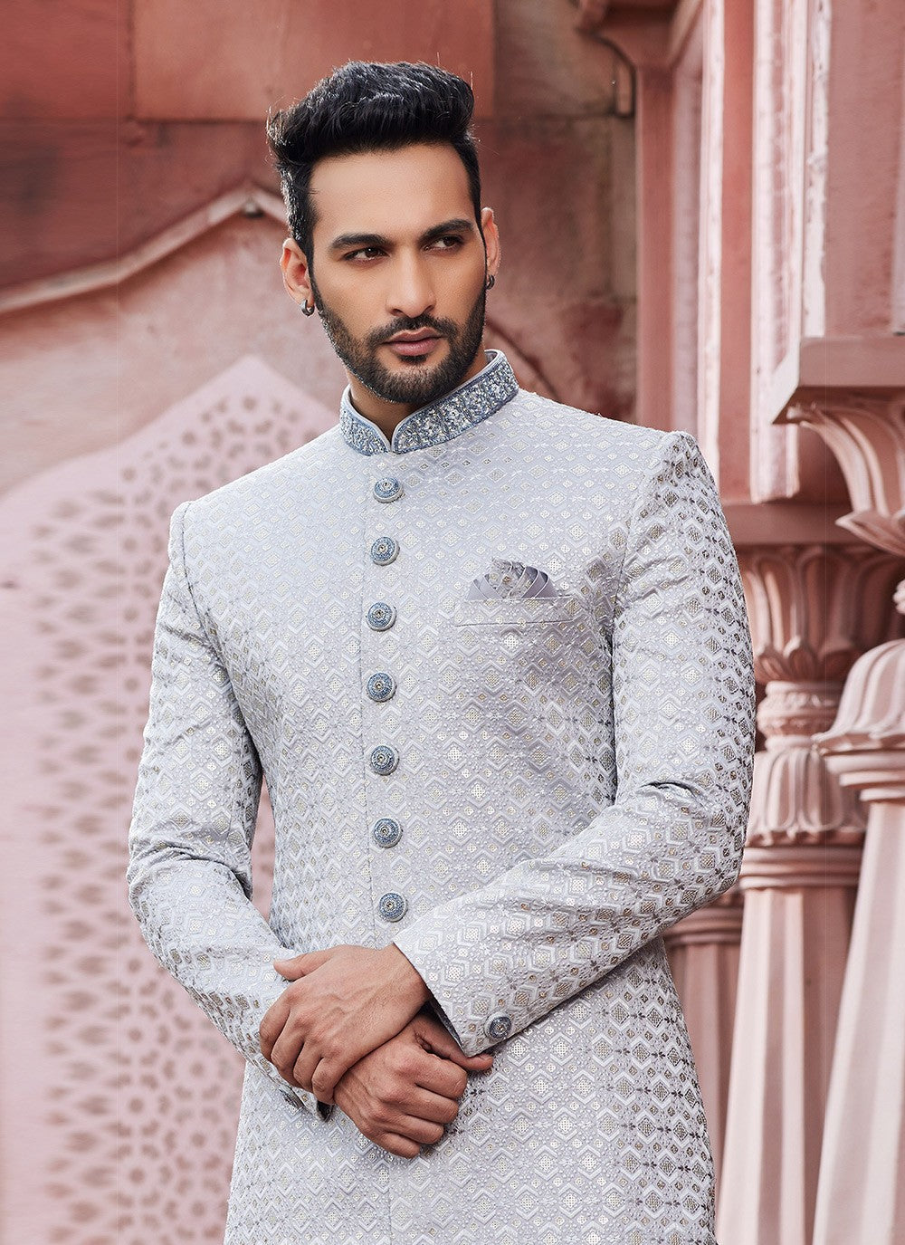 Hand Embroidery Art Silk Grey Sherwani - M6142