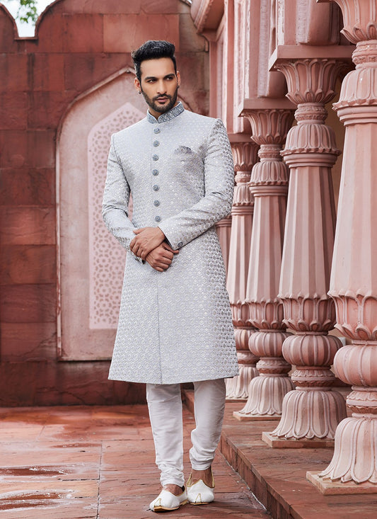 Hand Embroidery Art Silk Grey Sherwani - M6142