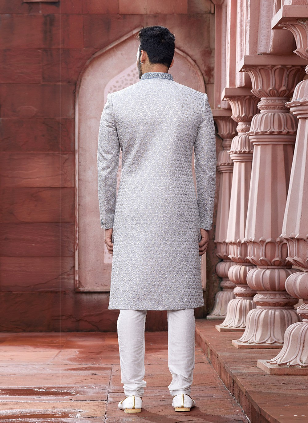 Hand Embroidery Art Silk Grey Sherwani - M6142