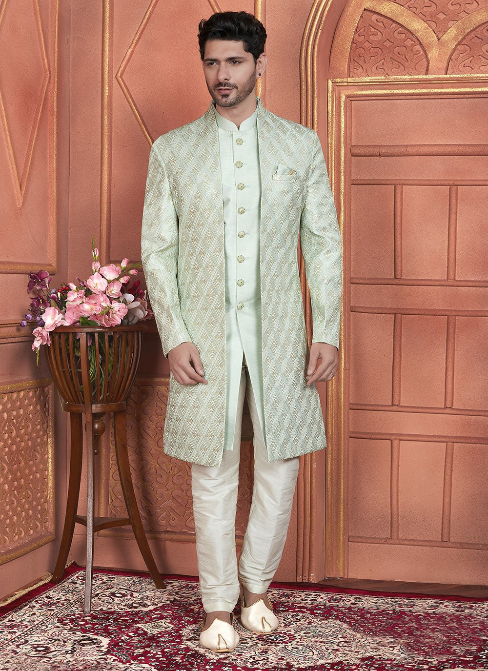 Embroidered Art Silk Green Indo Western - M7355
